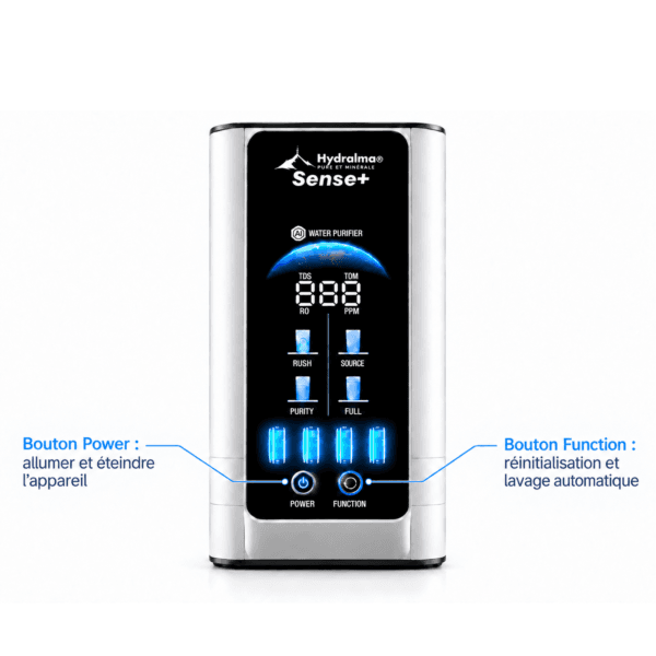 Commandes digitales du Hydralma Sense+ Commandes Power et Function de l’osmoseur Hydralma Sense+